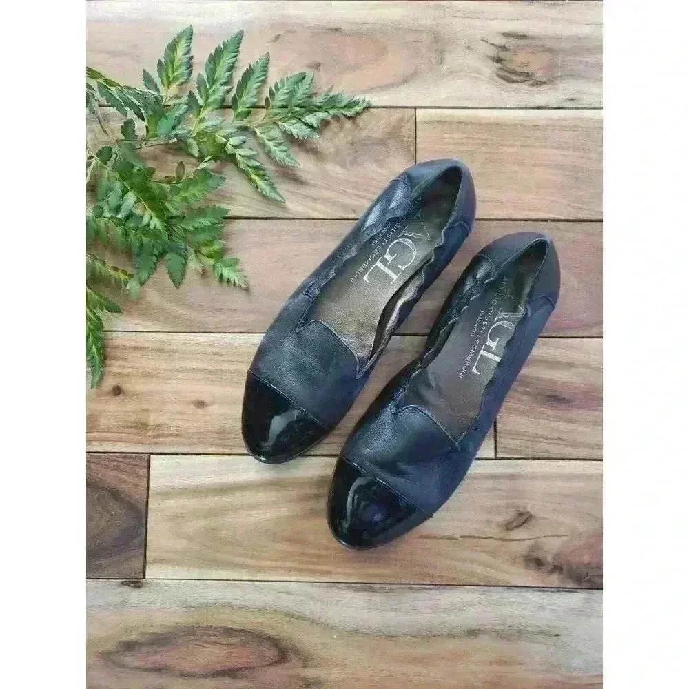 AGL Italy Attilio Giusti Leombruni Black Cap Toe Ballet Flat Leather 37‎ 1/2"